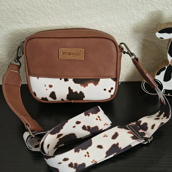 Wrangler Cow Print Brown and White Crossbody Bag - Picture 2 of 9